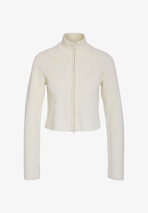 Cropped cream knitted sweater with a high collar, full zipper front, and ribbed texture. Features long sleeves and a snug fit.