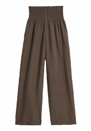 Braune Leinenhosen mit einem smockartigen Bund. Weit geschnittenes Design, leichtes Material und dezente Drapierung. Keine sichtbaren Muster oder Beschläge.