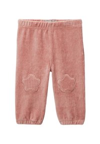 Pantalons en velours côtelé rose avec taille élastique, présentant un effet côtelé vertical et des broderies en forme d'étoile sur les genoux. Texture douce, chevilles fuselées.