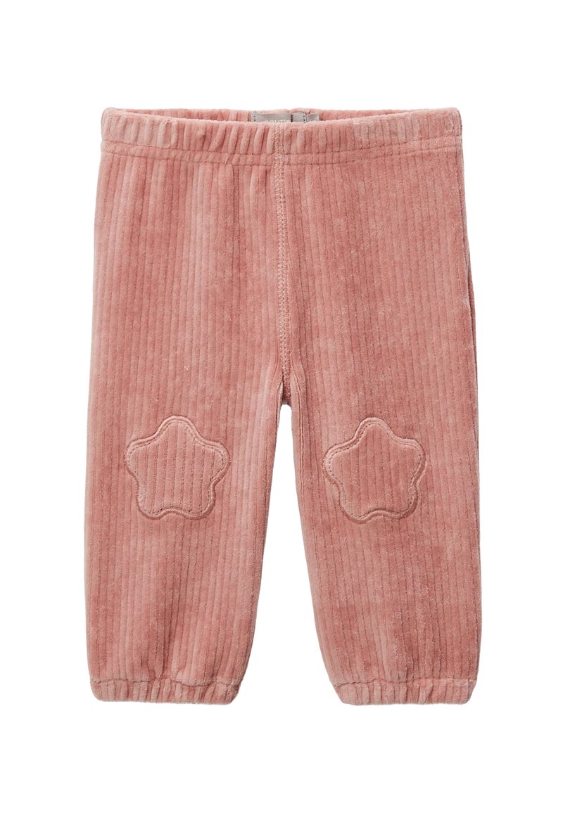 Pantalons en velours côtelé rose avec taille élastique, présentant un effet côtelé vertical et des broderies en forme d'étoile sur les genoux. Texture douce, chevilles fuselées.