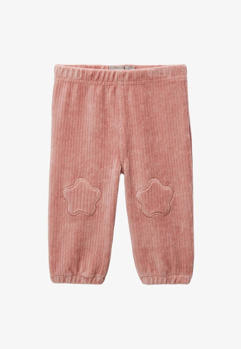 Pantalons en velours côtelé rose avec taille élastique, présentant un effet côtelé vertical et des broderies en forme d'étoile sur les genoux. Texture douce, chevilles fuselées.