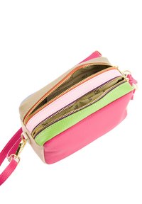 Mehrfachfächer-Zip-Beutel aus rosa, grünem und beigem Leder mit goldenen Reißverschlüssen; verfügt über strukturierte Oberflächen und einen abnehmbaren Tragegurt.