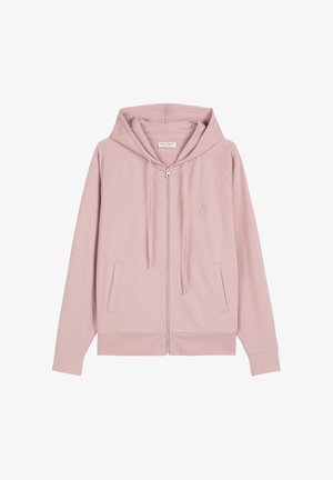 Felpa con cappuccio e zip color rosa chiaro con coulisse, polsini a coste, due tasche frontali e un logo discreto impresso sul petto. Realizzata in tessuto morbido.