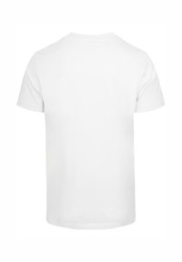 Hvid bomulds t-shirt, korte ærmer, rund hals, enkel design, glat tekstur, ingen mønstre eller accenter, set bagfra.