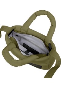 Borsa a tracolla in verde oliva imbottita con doppio manico e tracolla regolabile. Gli interni presentano una tasca con zip e una fodera di tessuto chiaro a contrasto.