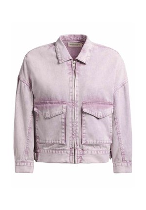 Svetlo vijoličasta jeans jakna z zadrgo spredaj, dvema velikima žepoma s poklopcem, dolgimi rokavi in ovratnikom z zloženim robom.