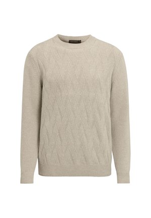 Jasno beżowy sweter z okrągłym dekoltem, z teksturowanym wzorem w romby. Długie rękawy oraz ściągacze przy mankietach i u dołu.