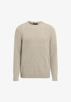 Jasno beżowy sweter z okrągłym dekoltem, z teksturowanym wzorem w romby. Długie rękawy oraz ściągacze przy mankietach i u dołu.