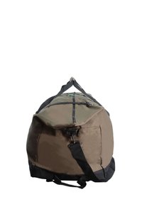 Brown duffel bag with a zippered top, adjustable black straps, and a hook closure; sturdy, smooth fabric with reinforced seams.