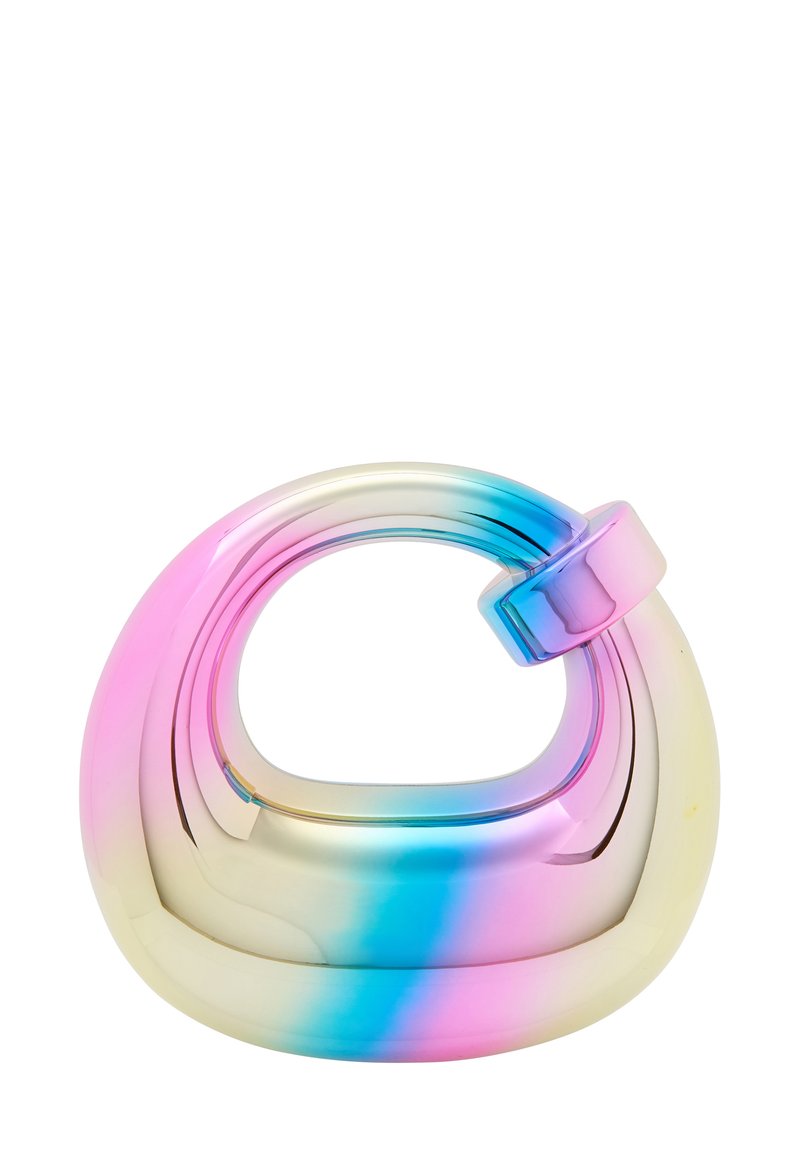 Farverig, glat glaskunstværk med en snoet, oval form i en gradient af pink, blå og iriserende nuancer, samt en afrundet detalje.
