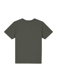 Olivgrünes T-Shirt mit kurzen Ärmeln aus weichem Stoff, mit klassischem Rundhalsausschnitt und geradem Saum, ohne Grafiken oder Akzente.