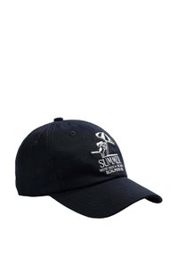 Gorra de béisbol de algodón negra con un gráfico de verano bordado, que presenta a una persona y un paraguas. Visera curvada y correa trasera ajustable.