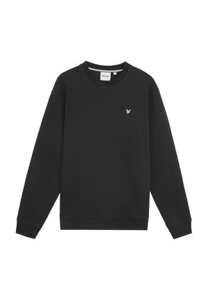 Black sweatshirt made of cotton blend, featuring a crew neck, long sleeves, ribbed cuffs, and a small embroidered logo on the chest.