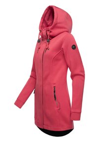 Fleece hoodie in vibrant pink, featuring a high collar, adjustable drawstring hood, two zippered side pockets, and logo detail on the arm.