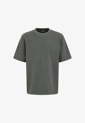 Grå kortærmet T-shirt med rund hals, med et subtilt tekstureret mønster og en afslappet pasform.