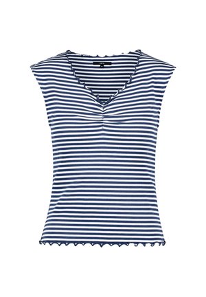 Haut sans manches à rayures horizontales bleu marine et blanches, avec encolure en V et ourlet festonnés, et détail froncé au centre devant.