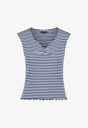 Haut sans manches à rayures horizontales bleu marine et blanches, avec encolure en V et ourlet festonnés, et détail froncé au centre devant.