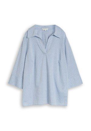 Lichtblauwe blouse met lange mouwen, een brede kraag, V-hals en een subtiel wit gestippeld patroon op een lichtgewicht stof.