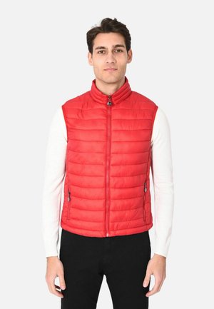 Uomo che indossa un gilet trapuntato rosso senza maniche sopra una maglia bianca a maniche lunghe e pantaloni neri, in piedi davanti a uno sfondo chiaro e uniforme.