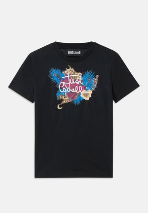 Svart bomull T-shirt med färgglad blommig och grafisk tryck i blått, guld och rosa med texten "Just Cavalli". Crew neck-design.
