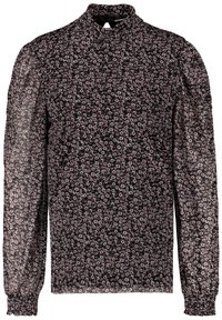 Blusa nera con colletto alto, maniche lunghe trasparenti e polsini arricciati. Presenta un piccolo motivo floreale nei toni del rosa su tutta la superficie del tessuto.