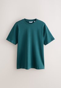 Kurzärmeliges Türkis-T-Shirt aus glattem Baumwollstoff mit Rundhalsausschnitt, geradem Saum und minimalen Nahtdetails.