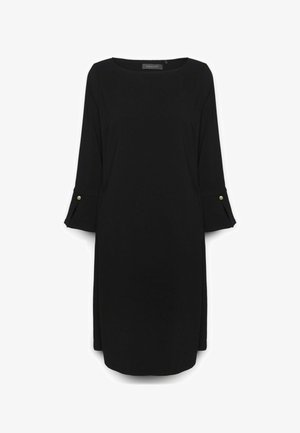 Vestido negro con mangas tres cuartos, escote redondo y aberturas en los laterales. Presenta detalles de botones dorados en las mangas y una textura suave.