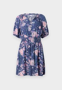 Robe florale bleu marine, avec des motifs de roses roses et vertes, des manches courtes bouffantes, un col boutonné et une taille smockée pour un ajustement décontracté.