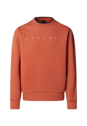 Sudadera de cuello redondo color óxido con mangas largas y la palabra "HACKETT" impresa en letras mayúsculas blancas en el pecho.