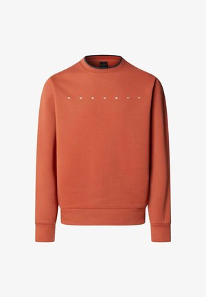 Sudadera de cuello redondo color óxido con mangas largas y la palabra "HACKETT" impresa en letras mayúsculas blancas en el pecho.