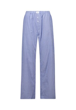 Blue and white striped lightweight pants with an elastic waistband, featuring two buttons at the front and a relaxed fit.