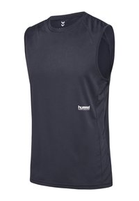 Marineblaue ärmellose Sportshirt aus feuchtigkeitsableitendem Material. Mit rundem Halsauschnitt und einem weißen Logo auf der linken Seite.