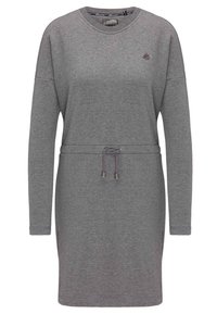 Vestido sudadera gris con mangas largas, escote redondo, cintura con cordón y pequeño detalle de logo en el pecho. Tejido suave de mezcla de algodón.