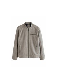 Chaqueta de ante gris con cuello alzado, cierre frontal con cremallera y dos cremalleras laterales. Textura suave con mínimos detalles de costura.