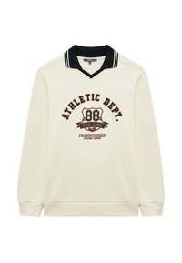 Kremowy sweatshirt z czarno-białym kołnierzem w paski. Posiada napis "ATHLETIC DEPT." oraz graficzne logo w ciemnym brązie i niebieskim.