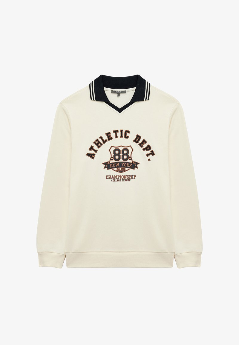 Kremowy sweatshirt z czarno-białym kołnierzem w paski. Posiada napis "ATHLETIC DEPT." oraz graficzne logo w ciemnym brązie i niebieskim.