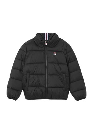 Chaqueta acolchada negra con cremallera completa en la parte delantera, dos bolsillos laterales, puños elásticos y un pequeño logo rojo, blanco y azul en el pecho y en la cremallera.