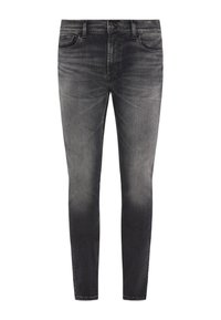 Schmale Jeans aus dunkelgrauem Denim mit einem verblassten Design, klassischem Fünf-Taschen-Stil und einem Reißverschluss mit Knopfverschluss.