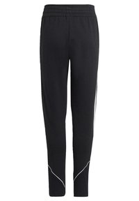 Pantalons de sport noirs avec une taille élastique, présentant des accents latéraux blancs, des jambes fuselées et un tissu lisse et léger.
