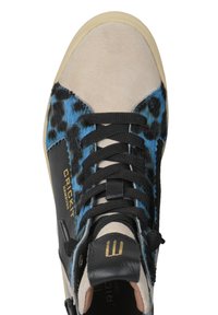 High-top sneaker featuring a mix of beige suede, blue fur with leopard pattern, black leather accents, and black laces. Gold logo detail present.