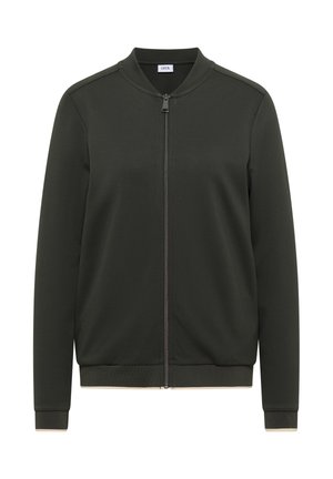Veste bomber vert foncé avec fermeture éclair à l'avant, col, poignets et ourlet côtelés, étiquette "CECIL" à l'intérieur du col.