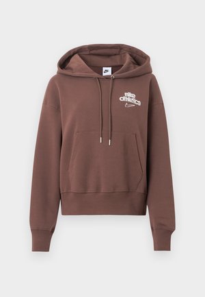 Sweatshirt castanha feita de tecido macio, com bolso canguru, capuz com cordão e logótipo branco "Nike Athletics" no peito.