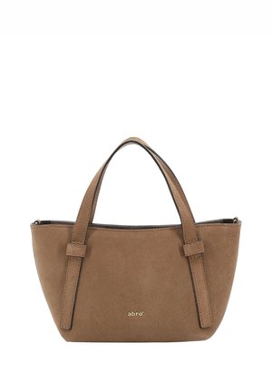Brown suede handbag with dual short handles, a curved silhouette, and a small gold logo on the front. Smooth texture with minimal design details.