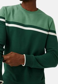 Sudadera verde y verde azulado con rayas horizontales blancas, cuello redondo, puños acanalados y textura suave, llevada por una persona que ajusta la manga.