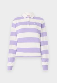 Long-sleeve polo shirt with purple and white horizontal stripes, collar, and ribbed cuffs. Small logo on chest. Cotton material.