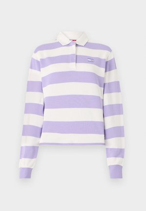Pitkähihainen polo,paita, jossa on violetit ja valkoiset vaakasuorat raidat, kaulus ja ribattuja hihansuita. Pieni logo rinnassa. Puuvillamateriaali.