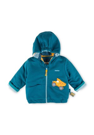 Felpa con cappuccio turchese per bambino piccolo, con cerniera frontale, grafica di un camion giallo sulla parte anteriore e cappuccio con dettaglio elastico, marchiata "Sigikid" sulla parte anteriore.