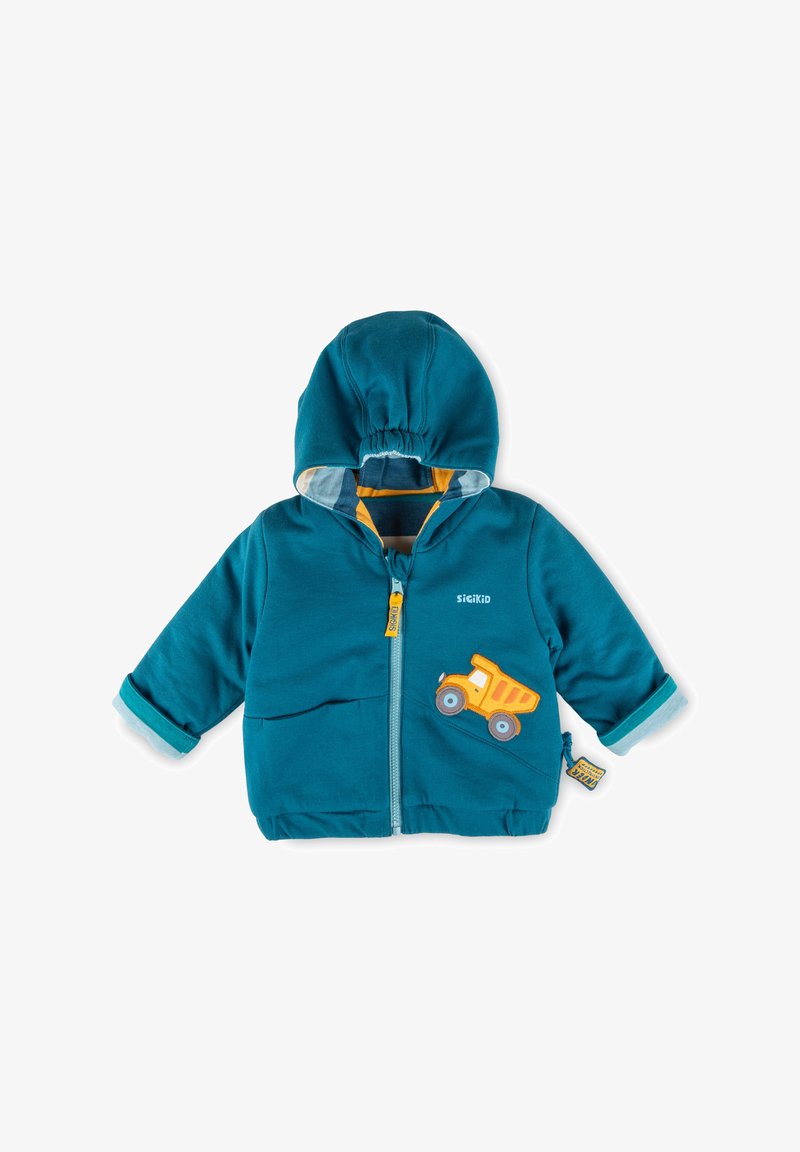 Felpa con cappuccio turchese per bambino piccolo, con cerniera frontale, grafica di un camion giallo sulla parte anteriore e cappuccio con dettaglio elastico, marchiata "Sigikid" sulla parte anteriore.