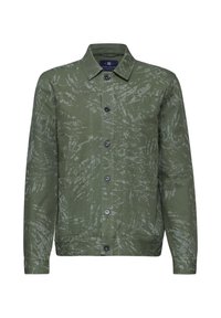 Olivově zelená bunda s texturovaným vzorem, zapínání na knoflíky a dvěma bočními kapsami. Má límeček a dlouhé rukávy.