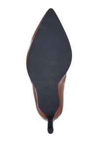Brown leather high-heeled shoe with a pointed toe, textured black rubber sole, and minimal stitching along the edges. Size 37 indicated.